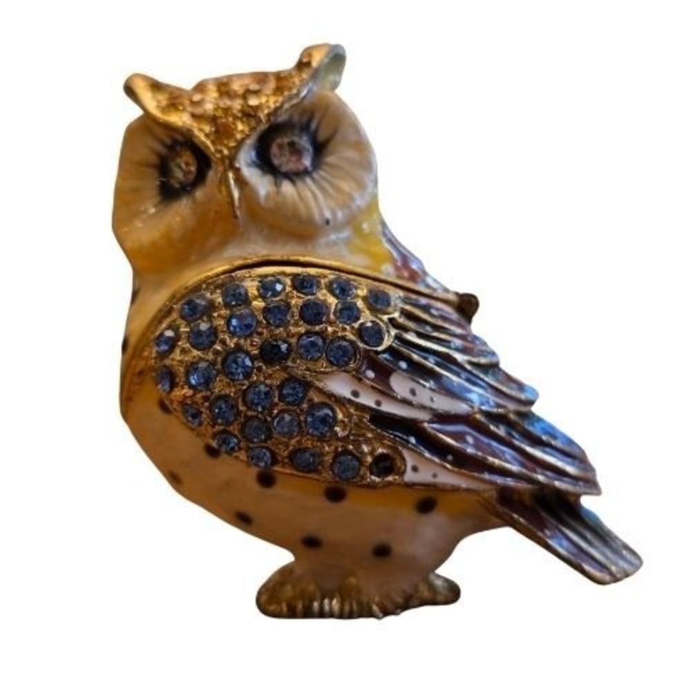 Enamel Owl Trinket Box Blue Rhinestone Crystal Hinged Jeweled Bird Figurine 2.5"
